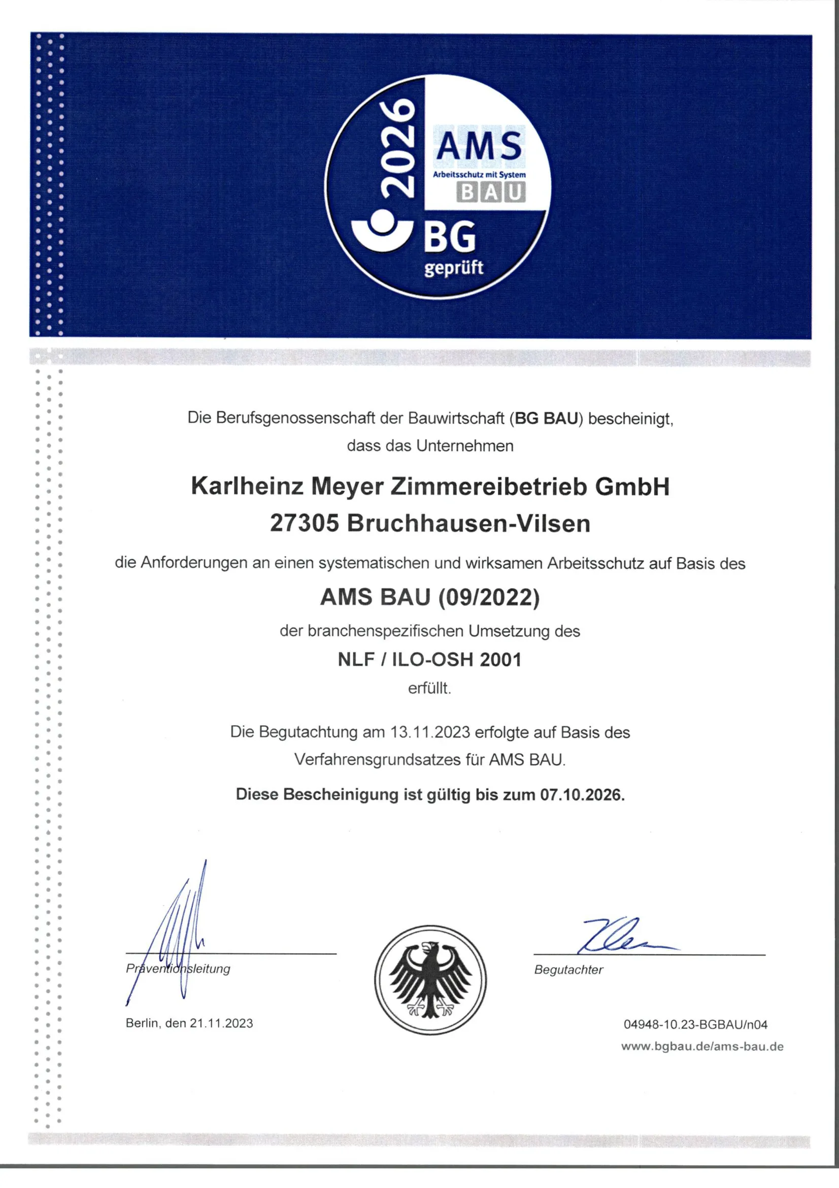 AMS BAU Bescheinigung 2026