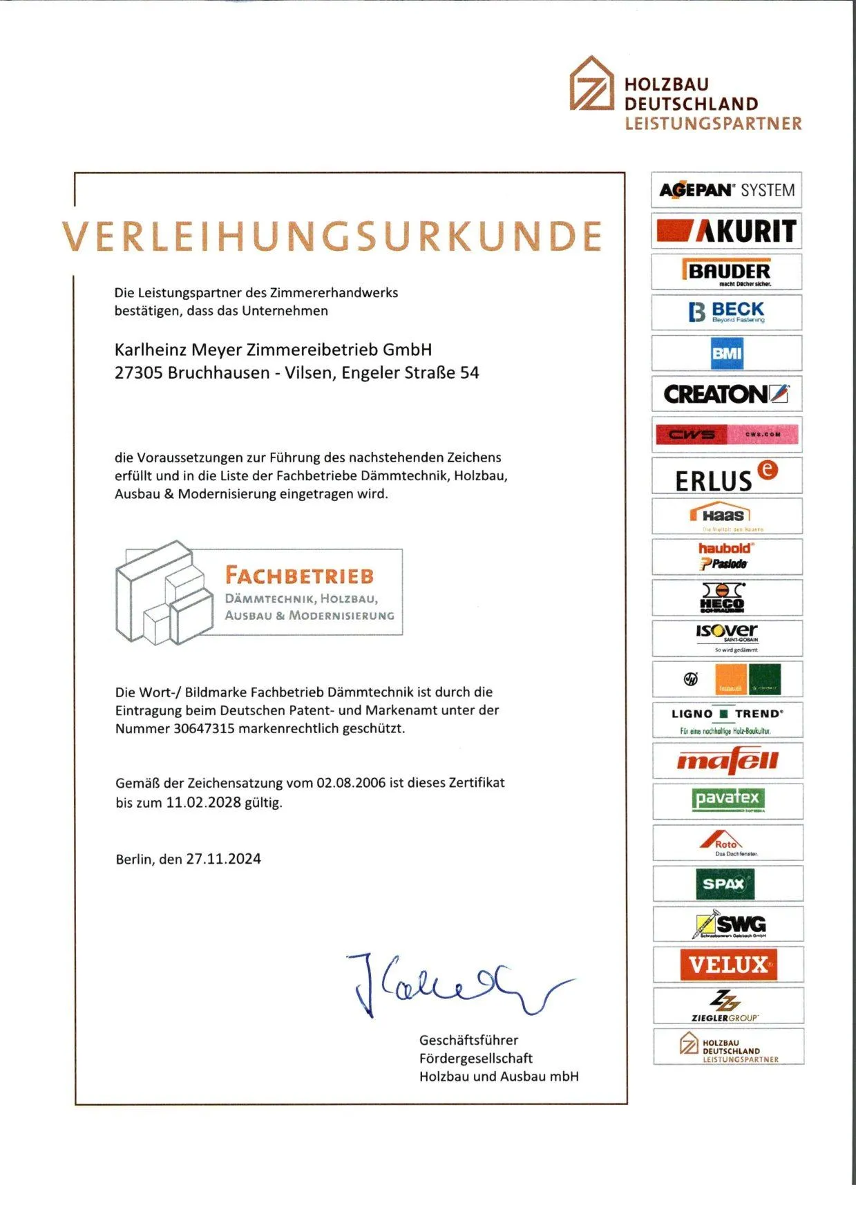 Fachbetrieb Dämmtechnik - Verleihungsurkunde 2024